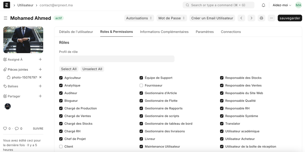 Utilisateur droit accès erpnext
